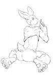 bottomwear butt clothing looking_at_viewer male open_mouth pawpads shorts sitting solo stare undressing wariza fuffy_(e621) bunnie lagomorph leporid mammal rabbit monochrome