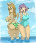 anthro big_breasts big_butt bikini blonde_hair blush breasts brown_body brown_fur butt butt_pose clothing cloud duo eyelashes eyewear female fur glasses hair hand_on_hip hands_behind_back horn long_hair looking_at_viewer looking_back medium_breasts medium_hair one-piece_swimsuit orange_body orange_eyes orange_fur partially_submerged pose purple_hair sea seaside side_boob smile standing swimwear tail thick_thighs two-piece_swimsuit water yellow_eyes anonymous_artist 4chan on_your_tail cat_girl_(on_your_tail) diana_(on_your_tail) bovid caprine domestic_cat felid feline felis goat mammal