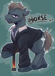 clothing cutie_mark feral fetlocks hooves looking_at_viewer male ponification solo standing stubble suit walking_stick witchtaunter hasbro house.m.d. my_little_pony gregory_house earth_pony equid equine horse mammal pony absurd_res hi_res