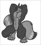 anthro big_pecs border claws dipstick_tail featureless_crotch flexing grey_border hair long_hair long_tail male markings muscular muscular_anthro muscular_arms muscular_legs muscular_male muscular_thighs pecs pose solo tail tail_markings freckles_(artist) palworld pocketpair kris_(zombiedwolf) anubis_(pal) pal_(species) monochrome