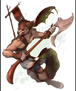 anthro axe banner barefoot claws dinamic feet fur male melee_weapon smile solo tail teeth weapon kredri canid canine fox mammal