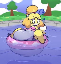 accessory anthro bell big_diaper clothed clothing cloud diaper female floral_pattern fluffy fluffy_tail frilly fur grass hair_accessory hair_tie hill long_ears pawpads paws plant pool pool_float solo spread_legs spreading stuck surprised swimwear tail tree unclean_diaper waterlogged_diaper white_body white_fur yellow_body yellow_fur dummydoodles animal_crossing nintendo isabelle_(animal_crossing) canid canine canis domestic_dog mammal shih_tzu toy_dog hi_res