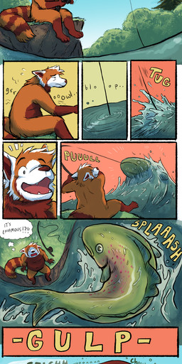 after_vore anthro belly big_belly fishing_rod fur green_body huge_belly male outside overweight red_body red_fur solo text vore 934 ailurid aquatic fish mammal red_panda 2019 absurd_res comic hi_res