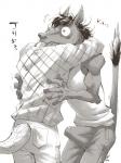 5_fingers anthro bottomwear bulge clothed clothing duo erection erection_under_clothing fingers fur hug humanoid_hands male scales tenting topwear unwanted_erection shirako beastars gosha_(beastars) yafya_(beastars) equid equine horse komodo_dragon lizard mammal monitor_lizard reptile scalie 3:4 hi_res monochrome