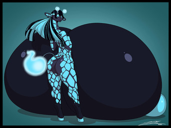anthro big_breasts big_nipples black_body blue_body blue_eyes breasts butt female glowing hair huge_breasts huge_nipples hyper hyper_breasts hyper_nipples machine markings nipples nude solo spots spotted_body deonwolf g.i.n.a_(judoon) android giraffe giraffid mammal robot 2021 digital_media_(artwork)