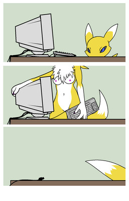 anthro black_sclera blue_eyes breasts computer computer_keyboard dipstick_tail electronics female fur markings monitor nipples solo stealing tail tail_markings white_body white_fur yellow_body yellow_fur darkdoomer bandai_namco digimon canid canine digimon_(species) mammal renamon comic hi_res