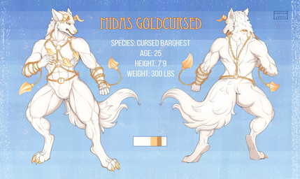 abs anthro body_harness chain chain_harness dagger digitigrade fur harness horn male melee_weapon muscular muscular_male solo weapon white_body white_fur harmaagriffin overlord_(series) barghest canid canine mammal hi_res