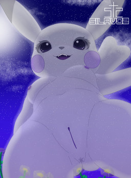 anthro anus breasts female genitals innie_vulva looking_at_viewer looking_down low-angle_view medium_breasts navel night nipples nude nude_anthro open_mouth plant pokemorph purple_eyes sky smile solo spreading star teeth translucent vulva white_body silavos nintendo pokemon pokemon_pokopia peakychu generation_1_pokemon ghost mammal pikachu pokemon_(species) rodent spirit hi_res watermark