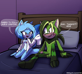 anthro breasts casual_nudity clothed clothing duo female genital_piercing genitals joke_piece kiss_mark male male/female partially_clothed penis penis_piercing piercing shirt topwear miguel_layme sega sonic_the_hedgehog_(series) candy_the_cat fan_character raul_the_anteater anteater felid feline mammal pilosan xenarthran absurd_res hi_res