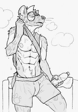 abs anthro bodily_fluids bottle bottomwear bulge clothed clothing clothing_lift container eyewear glasses male muscular muscular_male nerd pecs shirt shirt_lift shorts solo sweat tank_top topwear dama624 hyena mammal black_and_white monochrome