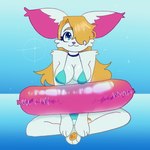 anthro big_ears bikini blonde_hair clothing female hair inflatable inner_tube long_hair pool_toy solo swimwear two-piece_swimsuit sqrkyclean aqua_(sqrkyclean) domestic_cat felid feline felis mammal 1:1