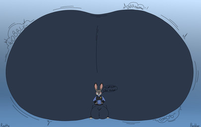 anthro badge belt belt_pouch big_butt big_clitoris big_vulva black_belt black_clothing black_ear_tips black_eyebrows black_fingerless_gloves black_footwear black_gloves black_handwear black_mouth black_topwear black_vest blue_background blue_bottomwear blue_clothing blue_pants blue_shirt blue_topwear blush bottomwear buckteeth butt camel_toe clitoris clitoris_outline clothing dialogue dipstick_ears ear_markings eyebrows eyelashes female fingerless_gloves footwear front_view genitals gloves grey_body grey_ears hand_on_hip hand_on_own_hip handwear huge_butt huge_clitoris hyper hyper_butt hyper_clitoris hyper_genitalia hyper_vulva looking_at_viewer markings motion_lines multicolored_ears open_mouth open_smile pants pink_inner_ear pink_nose pink_tongue police police_uniform purple_eyes shirt simple_background smile smiling_at_viewer solo speech_bubble talking_to_viewer teeth text tight_clothing tongue topwear uniform vest vulva beeblimp reathe disney zootopia judy_hopps lagomorph leporid mammal rabbit 2026 artist_name colored digital_media_(artwork) english_text flat_colors hi_res