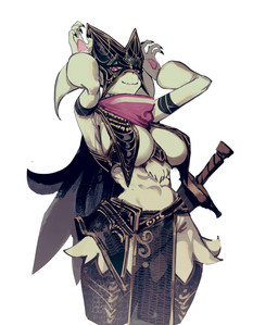 abs anthro big_breasts breast_curtains breasts female fur green_body green_fur melee_weapon muscular muscular_female pink_eyes raised_arms scarf simple_background solo sword under_boob weapon white_background tomatolover16 nintendo pokemon felid generation_9_pokemon mammal meowscarada pokemon_(species) hi_res