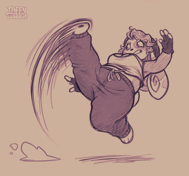 angry anthro barefoot bottomwear breasts clothing feet female fingerless_gloves gloves hair handwear hat headgear headwear kick overweight overweight_anthro pants shirt simple_background solo tail topwear taffywabbit nintendo pokemon penny_(taffywabbit) generation_3_pokemon pokemon_(species) spinda 2025 digital_media_(artwork)