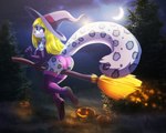 anthro blonde_hair blue_eyes breasts broom butt cleaning_tool clothing detailed_background female flying food fruit grass hair hat headgear headwear holidays long_tail moon night outside plant pumpkin solo star tail tree underwear witch_hat dannyckoo tresertf halloween sheila_snowmew felid mammal pantherine snow_leopard 2016