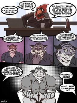 anthro barbell_piercing boss_and_employee clothed clothed_anthro clothed_male clothing computer container cup dialogue dotted_background duo electronics eyebrow_piercing facial_piercing feathers fired fully_clothed fully_clothed_anthro fully_clothed_male fur hands_together male mug muscular muscular_anthro muscular_male office orange_body orange_fur overweight overweight_anthro overweight_male pattern_background piercing red_body red_feathers sad simple_background speech_bubble striped_body striped_fur stripes text writing_utensil yellow_eyes nanoff miles_(nanoff) pat_(nanoff) avian bird cardinal_(bird) felid mammal northern_cardinal oscine pantherine passerine tiger 2026 comic english_text greyscale hi_res monochrome multiple_scenes