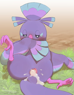 after_sex animal_genitalia arm_support avian_feet blush bodily_fluids cloaca covering covering_mouth cum cum_in_cloaca cum_inside dirt feathers female feral front_view gaping gaping_cloaca genital_fluids genitals grass heart_pupils heart_symbol looking_down looking_down_at_self lying_on_ground multicolored_body on_ground outside plant purple_body solo tail tail_feathers beageiso nintendo pokemon avian bird generation_7_pokemon oricorio pokemon_(species) sensu_oricorio absurd_res hi_res