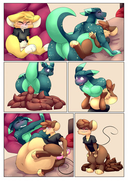 abdominal_bulge after_vore ambiguous_penetration anthro anus barely_visible_genitalia barely_visible_vulva bed bedding black_clothing black_shirt black_topwear blonde_hair blush bodily_fluids border bottomless bottomless_anthro bottomless_male breasts brown_bedding brown_body brown_fur brown_hair buckteeth butt cheek_tuft chest_tuft clenched_teeth clothed clothing constricted_pupils crouching dipstick_ears disposal ear_markings ears_down excessive_feces eyebrows eyes_closed eyewear facial_tuft feces feces_on_ground feces_pile feet_first female fur furniture genitals glasses gloves_(marking) green_body green_scales group hair hand_on_butt hand_on_own_butt hyper hyper_feces hyper_feces_pile inside_stomach leg_markings looking_back_at_self looking_down looking_down_at_self lying male male/female male_pred male_prey markings masturbation multicolored_ears neck_bulge on_back on_bed open_mouth oral_vore pawpads penetration penile penile_masturbation penis pillow pink_pawpads pivoted_ears pooping pooping_on_floor pupils raised_eyebrows raised_tail red_pillow scales scat_disposal sex sex_toy shirt simple_background small_pupils socks_(marking) struggling struggling_prey sweat sweatdrop tail tan_background tan_body tan_fur teeth tongue tongue_out topwear trio tuft unwilling_prey vibrator vore vulva wearing_glasses white_border yellow_body yellow_fur shoelace_(artist) lace_(shoelace) shoe_(shoelace) kobold mammal mouse murid murine rodent scalie comic hi_res signature