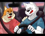 anthro black_bars black_nose brown_body car clothing detailed_background driving duo eyes_closed eyewear glasses humanoid_hands inside_car inside_vehicle male shirt slightly_chubby topwear vehicle white_body 06junior11 canid canine canis domestic_dog mammal 2022 5:4 hi_res letterbox