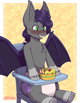 abdl ageplay ambiguous_anthro ambiguous_gender anthro blush blush_lines clothed clothing diaper food fruit fur glistening glistening_eyes green_eyes grey_body grey_fur hair infantilism membrane_(anatomy) membranous_wings open_mouth open_smile pink_tongue plant purple_hair purple_wings roleplay semi-anthro sitting smile solo teeth tongue wearing_diaper wings riddlr hasbro my_little_pony equid equine horse mammal pony hi_res
