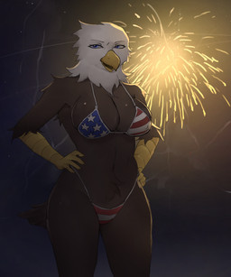 anthro big_breasts bikini blue_eyes breasts clothing female fireworks holidays huge_breasts night solo swimwear thick_thighs two-piece_swimsuit united_states_of_america ketvesce 4th_of_july accipitrid accipitriform avian bird eagle absurd_res hi_res
