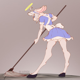 anthro blue_eyes cleaning_tool clothed clothing crossdressing femboy gloves hair halo handwear holding_object maid_uniform male mop mopping solo text uniform jarnqk gayngel_(jarnqk) bovid caprine mammal sheep 1:1 2021 artist_name hi_res
