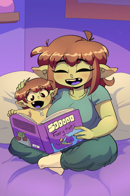 ahoge bed big_breasts black_eyes book bottomwear breasts brown_hair clothing duo eyelashes eyes_closed fangs female freckled_face freckles furniture green_body green_bottomwear green_clothing green_pants green_shirt green_skin green_topwear hair hand_on_another's_head happy holding_book holding_object holidays humanoid_pointy_ears missing_tooth neonate open_mouth pants pillow pointy_ears pupils purple_tongue reading red_pupils shirt short_hair sitting smile teeth tongue topwear yellow_teeth young young_female young_humanoid 20pesos_sopa dreamworks mother's_day shrek_(series) lei_(20pesos_sopa) selene_(20pesos_sopa) shrek_(character) goblin humanoid absurd_res hi_res sibling_(lore) sister_(lore) sisters_(lore)