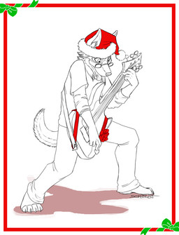 anthro border bottomwear claws clothed clothing electric_guitar eyewear furgonomics glasses guitar guitar_pick hat headgear headwear holidays male musical_instrument pants playing_guitar playing_music plucked_string_instrument ribbons shadow shirt simple_background solo straps string_instrument tail tongue topwear white_background white_border conditional_dnp sefeiren christmas canid canine mammal