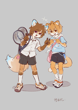 5_fingers ahoge anthro backpack bag bangs black_bottomwear black_clothing black_nose black_shorts blue_body blue_clothing blue_ear_tips blue_fur blue_hoodie blue_tail_tip blue_topwear bottomwear brown_ears brown_hair cat_tail clothed clothing collared_shirt cute_fangs dipstick_ears dipstick_tail duo ear_markings emanata eyebrows fangs fingers footwear fox_ears fox_tail fur gesture grey_background hair hand_gesture hoodie inner_ear_fluff keychain legwear looking_at_viewer male markings multicolored_ears open_mouth orange_body orange_eyes orange_fur orange_hair orange_tail pawpads purple_eyes satchel shirt shoes shorts shy simple_background smug smug_face sneakers socks star star_print tail tail_markings tan_body tan_fur tan_tail teeth tennis_racket text topwear tuft v_sign white_body white_clothing white_eyebrows white_footwear white_fur white_inner_ear_fluff white_socks white_topwear young young_anthro young_male teien canid canine canis domestic_cat felid feline felis fox mammal absurd_res chinese_text hi_res signature