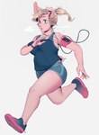 5_fingers anthro athletic athletic_female athletic_wear blonde_hair bottomwear breasts clothing dolphin_shorts earbuds electronics female fingers gym_bottomwear gym_shorts hair headphones jogging open_mouth pigtails pink_body running running_shoes shorts simple_background slightly_chubby solo white_background indigo_cho domestic_pig mammal suid suina sus_(pig) 2018 absurd_res digital_media_(artwork) hi_res