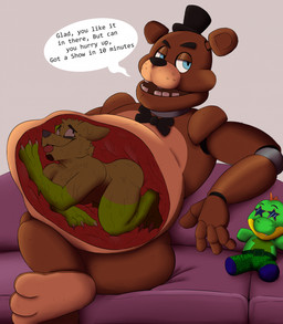 abdominal_bulge anthro belly big_belly blue_eyes bow_tie brown_body clothing duo fur green_body green_fur hat headgear headwear internal machine male male/male male_pred male_prey oral_vore organs same_size_vore stomach text top_hat vore yellow_body yellow_fur rohunt five_nights_at_freddy's scottgames freddy_(fnaf) animatronic bear mammal robot english_text hi_res