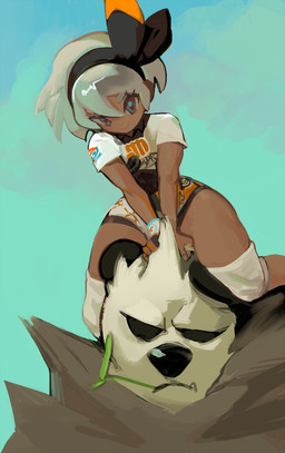 abstract_background accessory ambiguous_gender blue_eyes bottomwear carrying_another clothing collared_shirt dark_body dark_skin duo empty_eyes female fur gym_leader hair hair_accessory hairband knee_brace looking_at_viewer piggyback polo_shirt shirt shorts smile spandex spandex_shorts tight_bottomwear tight_clothing tight_shorts topwear white_hair wide_hips mighty-whydah nintendo pokemon bea_(pokemon) bear generation_6_pokemon giant_panda human mammal pangoro pokemon_(species) 2020 digital_media_(artwork) digital_painting_(artwork) hi_res painting_(artwork)