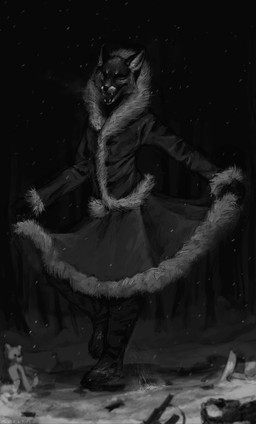 anthro bottomwear breath clothed clothed_anthro clothed_female clothing clothing_lift coat creepy dancing dead_eyes female forest fully_clothed fur fur_coat happy holidays looking_at_viewer love night nightmare_fuel open_mouth outside plant scary skirt snow snowing solo stare teeth topwear toy tree wife unknown_artist tiny_bunny alice_the_vixen canid canine fox mammal monster black_and_white hi_res monochrome