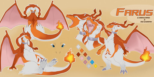 ambiguous_gender belly big_belly blue_eyes collar color_swatch featureless_crotch feral fire flaming_tail glistening glistening_eyes grey_collar membrane_(anatomy) membranous_wings metal_collar mouth_shot narrowed_eyes open_mouth orange_body pink_wings red_body sharp_teeth simple_background solo tail teeth text white_body wings roobin nintendo pokemon farus_(samontausagi) charizard generation_1_pokemon generation_5_pokemon legendary_pokemon pokemon_(species) reshiram artist_name model_sheet
