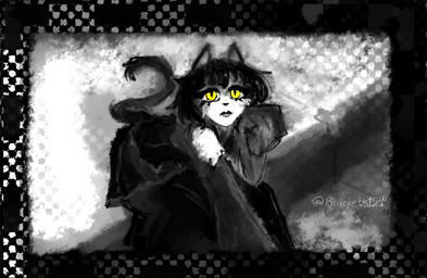 anthro bangs black_clothing black_dress black_ears black_hair black_lips black_lipstick black_nose black_tail black_topwear bob_cut border cat_tail checkered cheek_tuft clothing cutout dress eyelashes facial_tuft feline_tail female fur grey_clothing grey_topwear hair hand_on_cheek jewelry lips lipstick long_sleeves looking_up makeup necklace pupils shoulder_cutout sitting slit_pupils solo tail topwear tuft white_body yellow_eyes bracketsxxx domestic_cat felid feline felis mammal clip_studio_paint_(artwork) digital_media_(artwork) signature