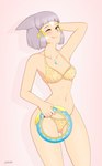 bikini blush breasts chakram chest_gem clothed clothing facial_markings female gem hair head_markings markings midriff navel one_eye_closed purple_hair solo spoiler swimwear tongue tongue_out two-piece_swimsuit wink yellow_eyes lackatask xenoblade_(series) xenoblade_chronicles_2 nia_(xenoblade) animal_humanoid blade_(xenoblade) cat_humanoid felid felid_humanoid feline feline_humanoid gormotti humanoid mammal mammal_humanoid absurd_res hi_res