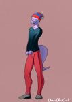 anthro clothed clothing male pink_background simple_background solo standing tail winter_hat sunhuiz mythology dragon mythological_creature mythological_scalie scalie absurd_res hi_res signature