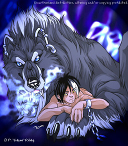 blue_eyes bound chain chained cuff_(restraint) duo ear_piercing fangs feral interspecies iron_cuffs lock male male_human metal_cuffs nude padlock piercing restraints simple_background teeth yellow_eyes jidane canid canine canis demon human mammal wolf 2002 digital_media_(artwork) low_res
