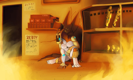 5_fingers ammo_box ammunition angry anthro arm_on_leg blue_eyes blue_markings bullet claws countershading cracked_wall digitigrade fingers fire futuristic_gun futuristic_weapon glowing glowing_eyes grey_markings gun hand_on_ground horn inside kneeling machine male male_anthro markings number on_one_knee ranged_weapon screen screen_face shelf tail three-quarter_view toe_claws visor weapon white_body white_countershading wounded yellow_body sample_(artist) rizugal robot robot_anthro synth_(vader-san) 2025 absurd_res colored digital_media_(artwork) digital_painting_(artwork) hi_res painting_(artwork) shaded