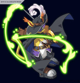 anthro belt boots cape clothing footwear fur gloves green_eyes handwear hat headgear headwear male mask melee_weapon rapier shoes solo sword weapon yellow_body yellow_fur officialseraphimon bandai_namco digimon digimon_liberator digimon_(species) felid feline mammal nyabootmon hi_res