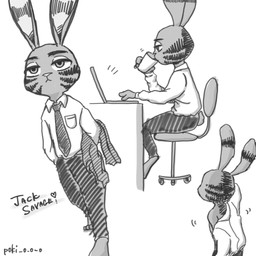 anthro chair computer container cup drinking electronics fur furniture holding_container holding_cup holding_object laptop male multiple_poses pose sitting solo poki_o_o_o disney zootopia jack_savage lagomorph leporid mammal rabbit 1:1 2016 hi_res monochrome