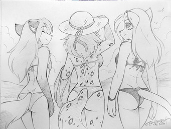 anthro beach bikini breasts butt clothing eyes_closed female group hat headgear headwear landscape nature rear_view small_breasts spots swimwear towel trio two-piece_swimsuit conditional_dnp tom_fischbach twokinds kathrin_vaughan laura_(twokinds) willow_wisp canid canine felid feline fox hybrid mammal red_fox true_fox signature sketch