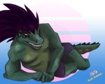 abdallah boxers_(clothing) clothing hair long_hair looking_at_viewer lying makeup male muscular solo teeth underwear xoxo vandclash bento_(vandclash) crocodile crocodilian reptile scalie hi_res