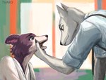 anthro blue_eyes brown_body brown_fur clothed clothing detailed_background duo female fur grabbing holding_snout inside male multicolored_body multicolored_fur open_mouth two_tone_body two_tone_fur window tvard beastars juno_(beastars) legoshi_(beastars) canid canine canis mammal wolf 2021 digital_media_(artwork) hi_res shaded signature