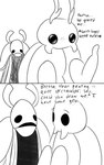 2_horns 2_panel_comic ambiguous_gender antenna_hair biped black_eyes black_text clothed clothing dialogue duo ellipsis eyebrows hair horn looking_at_another male open_mouth simple_background standing talking_to_another text white_background white_head skeletorskeletonized hollow_knight team_cherry bretta_(hollow_knight) elderbug_(hollow_knight) arthropod beetle insect 2020 comic digital_media_(artwork) english_text hi_res female_(lore)