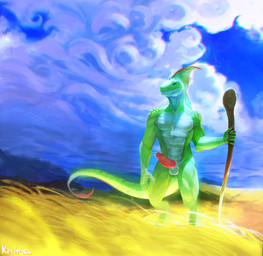 anthro balls cloud erection fin genital_slit_balls genitals green_body green_eyes green_scales head_fin holding_object holding_staff humanoid_genitalia humanoid_penis light looking_forward male markings outside penis plant scale_markings scales sky solo staff standing sunlight white_body white_scales kinutao zenthry_(character) reptile scalie absurd_res hi_res signature