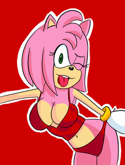big_breasts breasts cleavage clothed clothing female looking_at_viewer one_eye_closed pose smile solo wink winking_at_viewer tifathighs78 sega sonic_the_hedgehog_(series) amy_rose eulipotyphlan hedgehog mammal absurd_res hi_res pinup