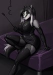 anthro armwear bed big_breasts black_hair black_nose breasts clothing cuff_(restraint) dress elbow_gloves female furniture gloves green_eyes hair handwear holding_object holding_whip legwear long_hair looking_at_viewer metal_chain multicolored_hair on_bed restraints shackles simple_background sitting sitting_on_bed smile solo thigh_highs whip white_hair za-owl valtessa_(bunato) badger mammal mustelid musteline 2025 absurd_res digital_drawing_(artwork) digital_media_(artwork) hi_res