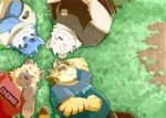 anthro belly blue_body blush clothing detailed_background group humanoid_hands kemono lying male overweight overweight_male shirt topwear green_bell bear canid canine canis domestic_dog felid hyena mammal pantherine spotted_hyena tiger 2023 cover