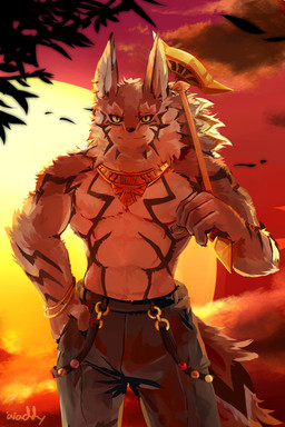 anthro clothed clothing countershading fur looking_at_viewer male solo standing topless waddledox lifewonders tokyo_afterschool_summoners seth_(tas) canid canine canis jackal mammal 2018 2:3 absurd_res digital_media_(artwork) hi_res